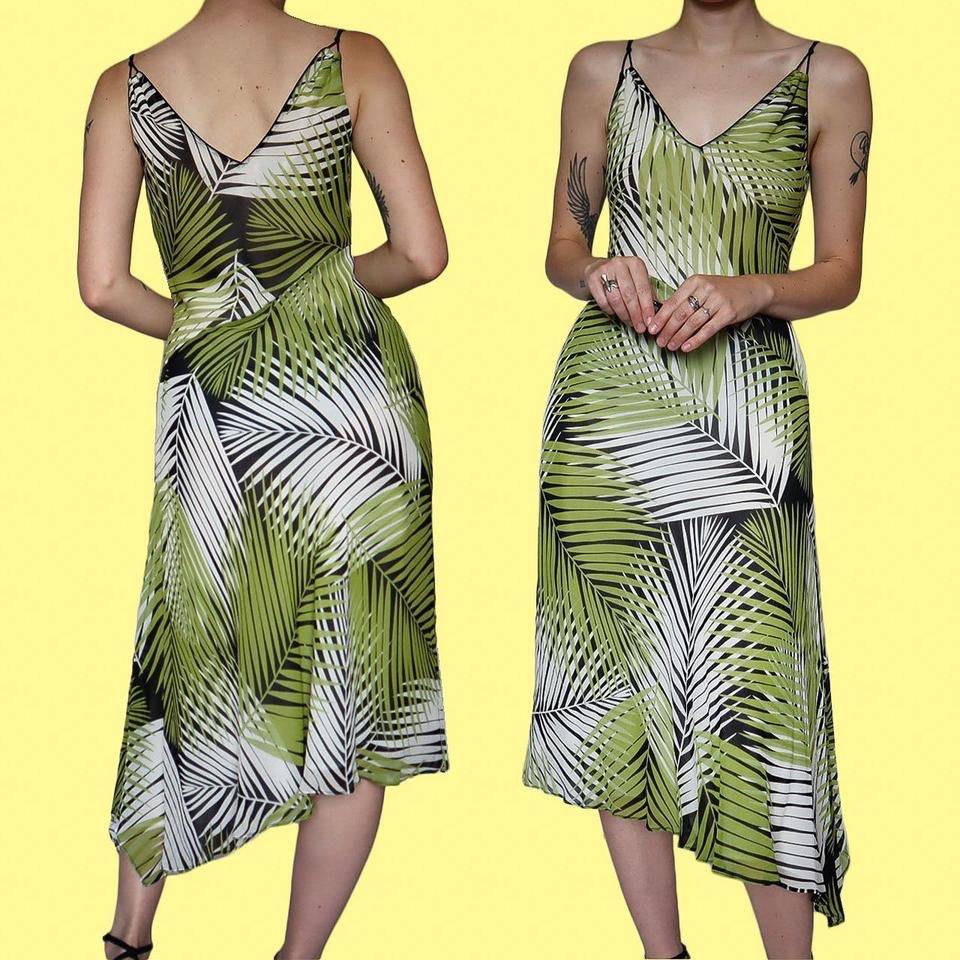 Green Planet 100% silk leaf print midi dress UK 12