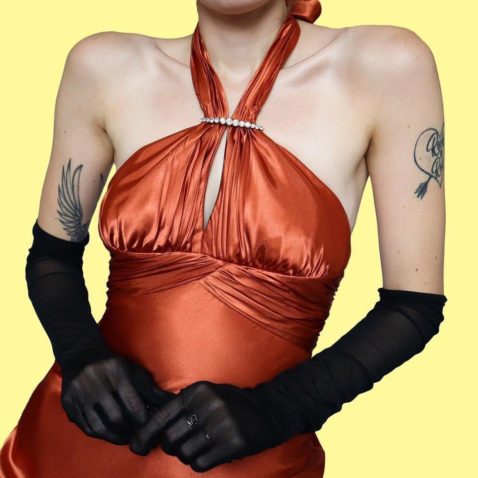 Orange satin halter neck evening dress UK 6/8