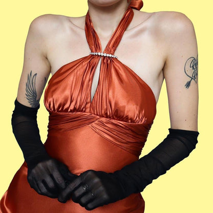 Orange satin halter neck evening dress UK 6/8