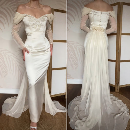 Cream off shoulder fitted wedding dress UK 12