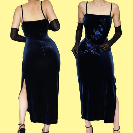 Blue stretch velvet floral embroidered evening dress UK 14