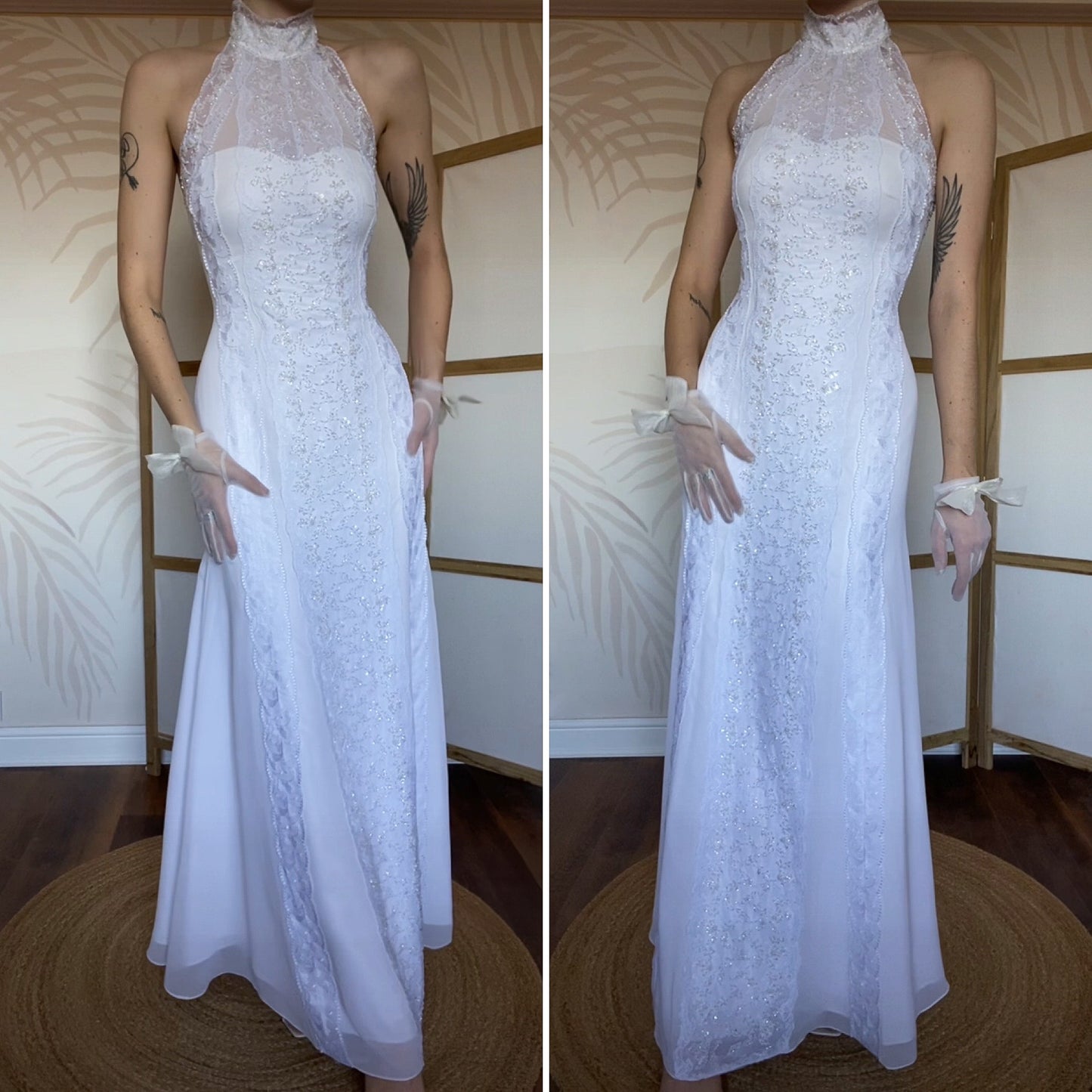 Frank Usher white lace high neck beaded wedding dress UK 12