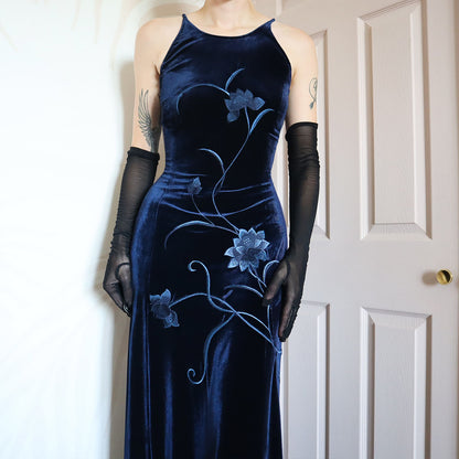 Vintage Gina Bacconi Blue Velvet evening Gown UK 14