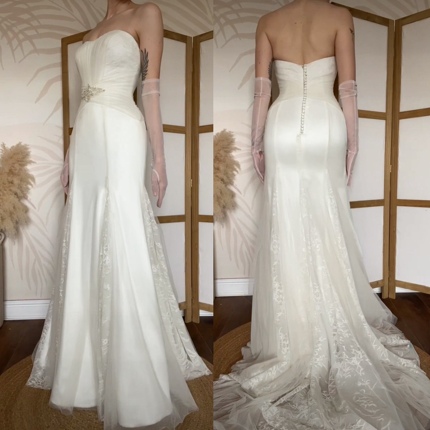 Ivory Benjamin Roberts lace strapless wedding gown uk 10