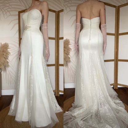 Ivory Benjamin Roberts lace strapless wedding gown uk 10