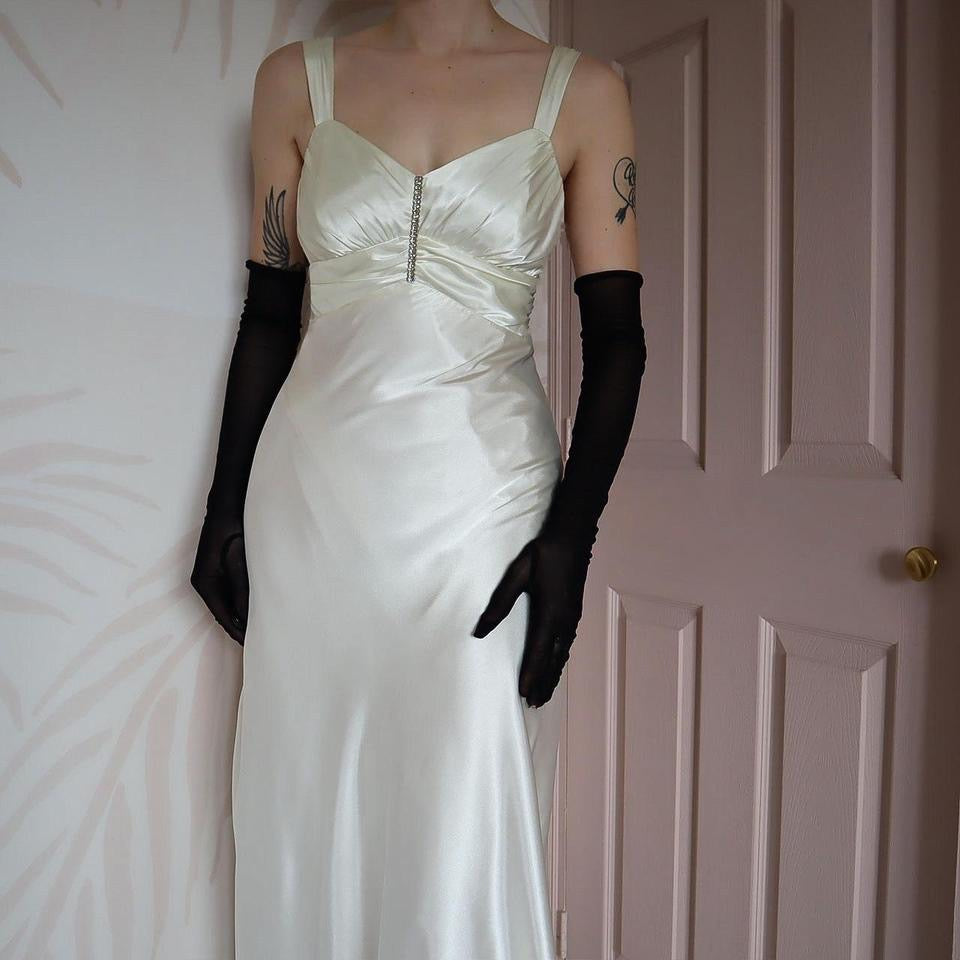 White satin Zum Zum diamanté evening gown UK 10