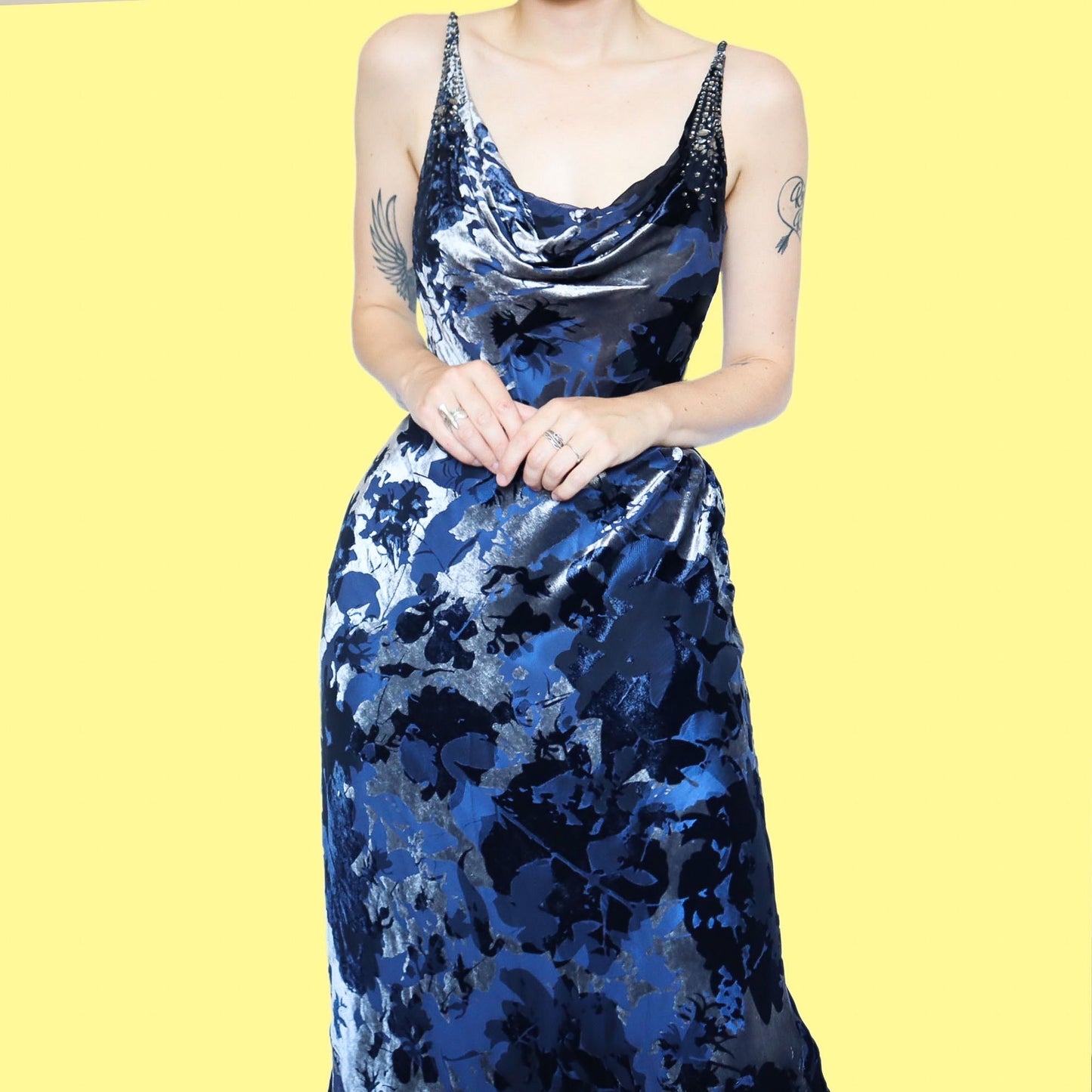Blue velvet Pearce Fionda silk blend devore evening dress UK 14