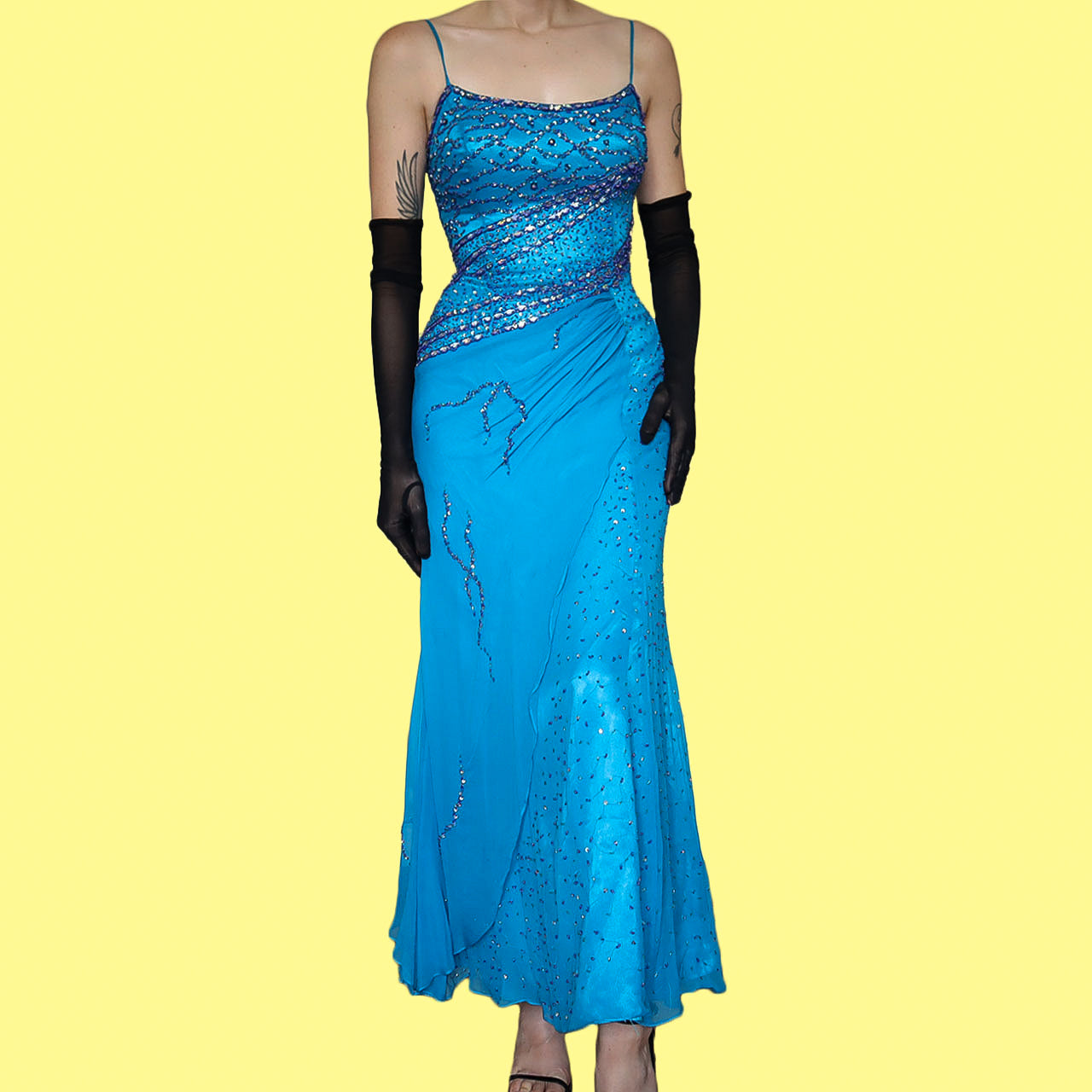 YVE London 100% silk blue beaded gown UK 12
