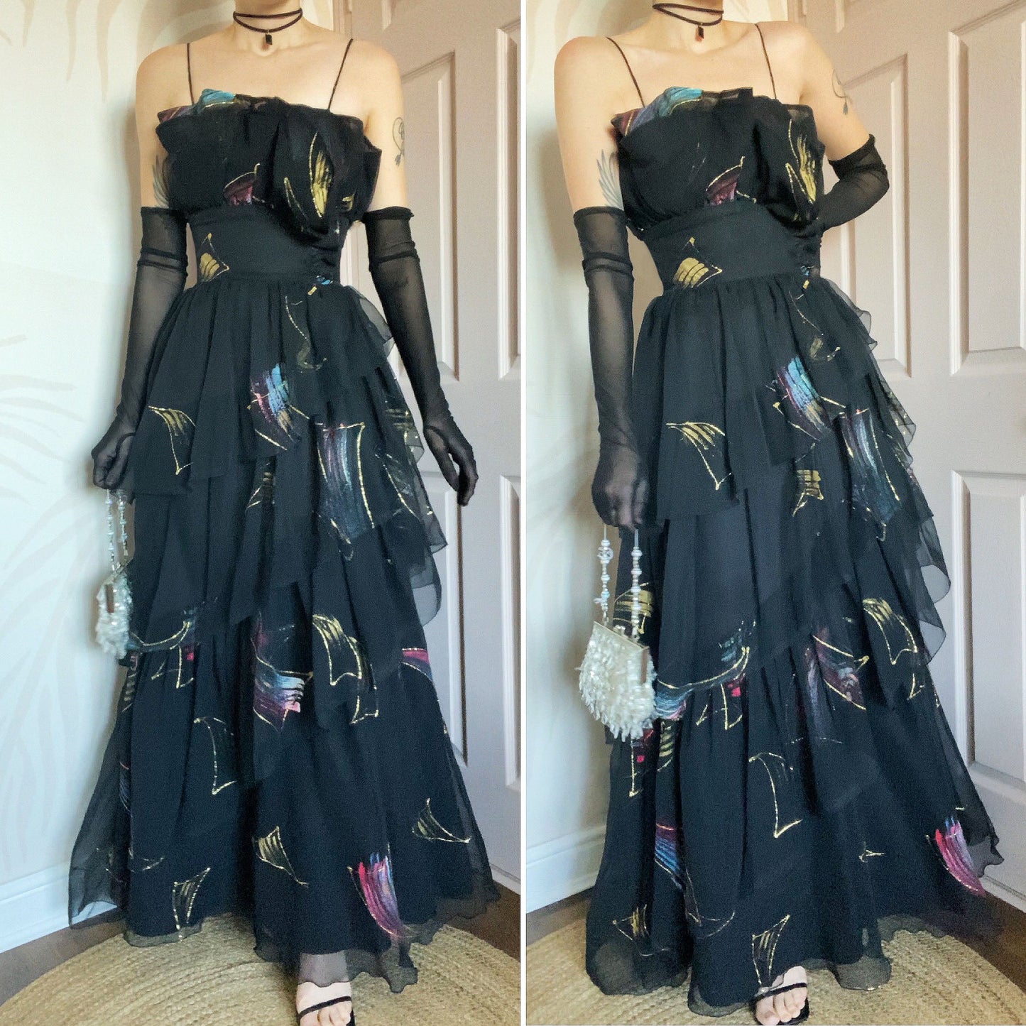 John Charles vintage black layered evening gown UK 12