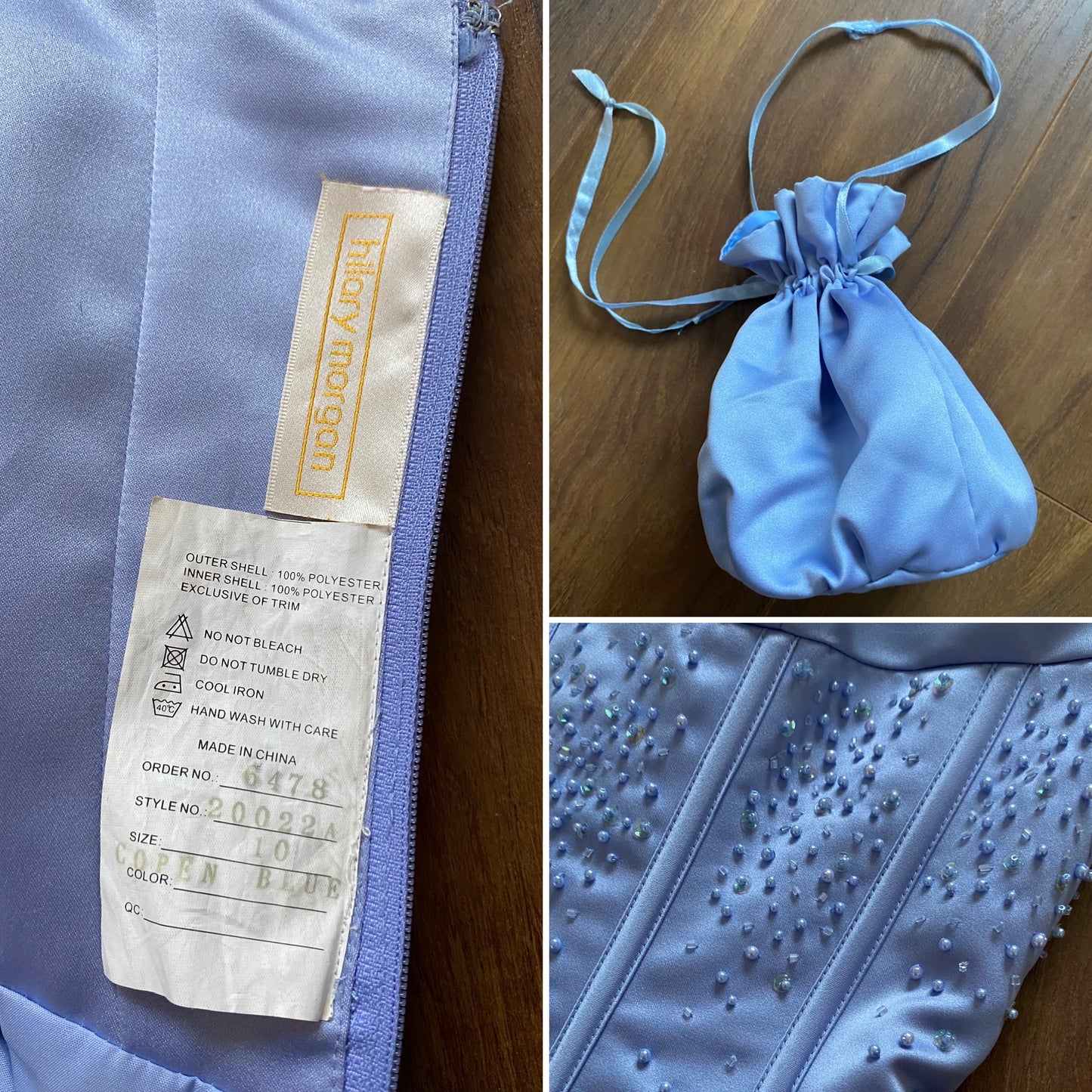 Hilary Morgan dusky blue evening dress & bag UK 10