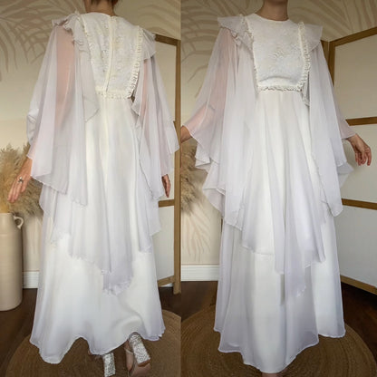 70s petite flared white/cream long sleeve wedding dress uk 8