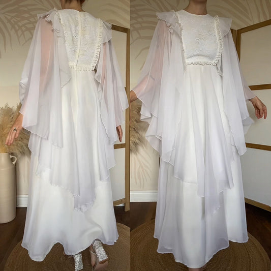 70s petite flared white/cream long sleeve wedding dress uk 8