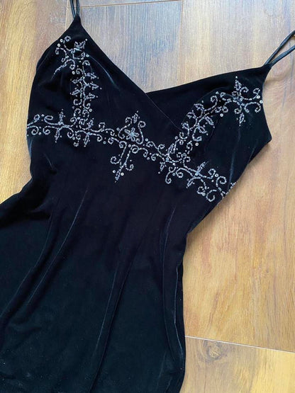 Black velvet beaded stretch evening dress uk 8-10