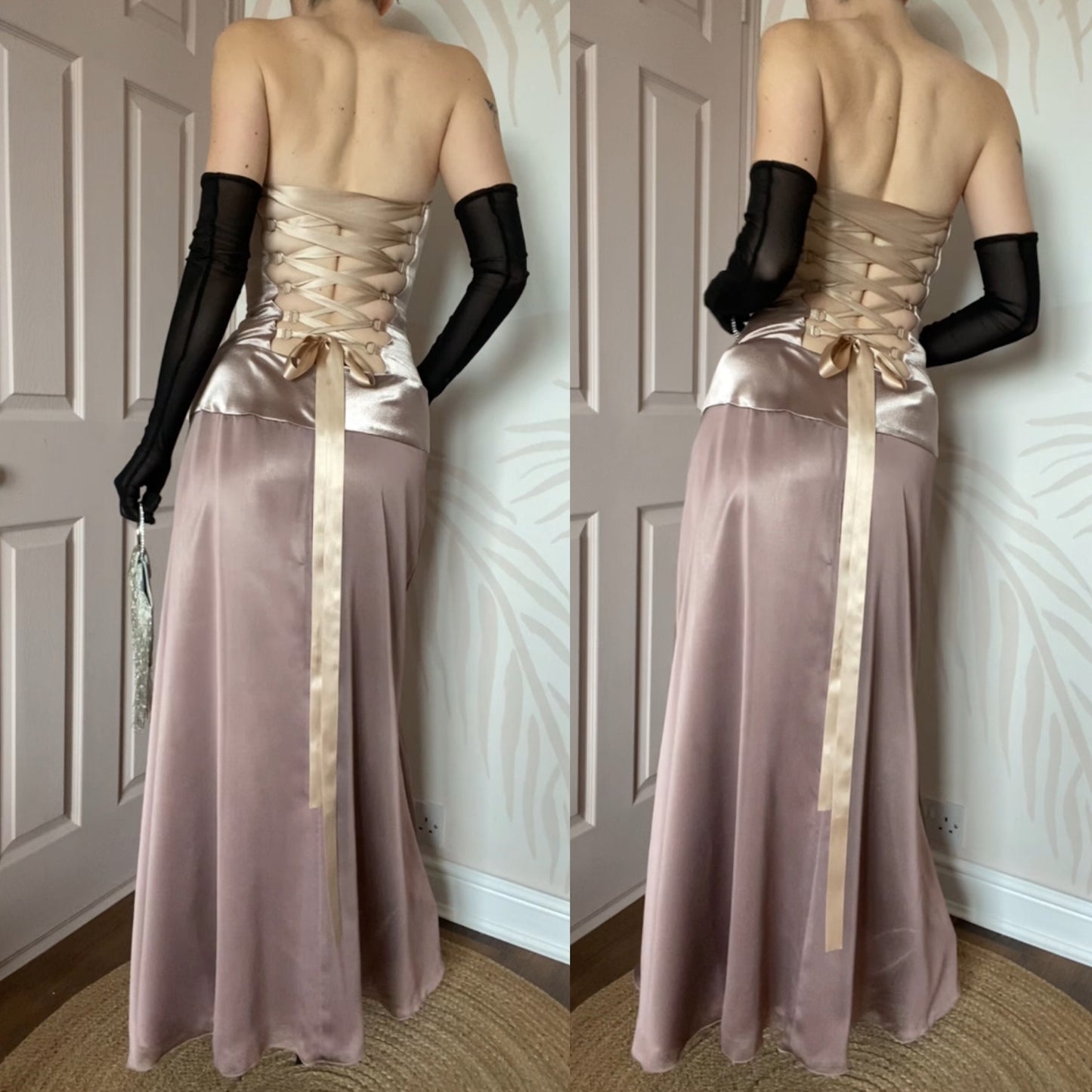 Taupe Charas strapless lace up evening dress UK 8-10