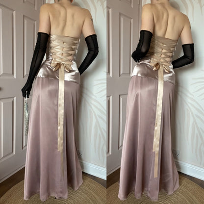 Taupe Charas strapless lace up evening dress UK 8-10