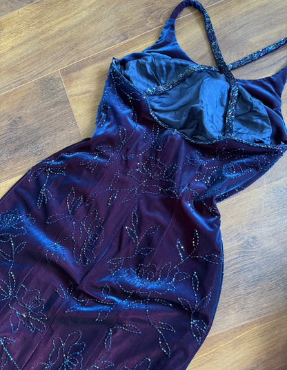 Iridescent beaded velvet evening dress uk 8