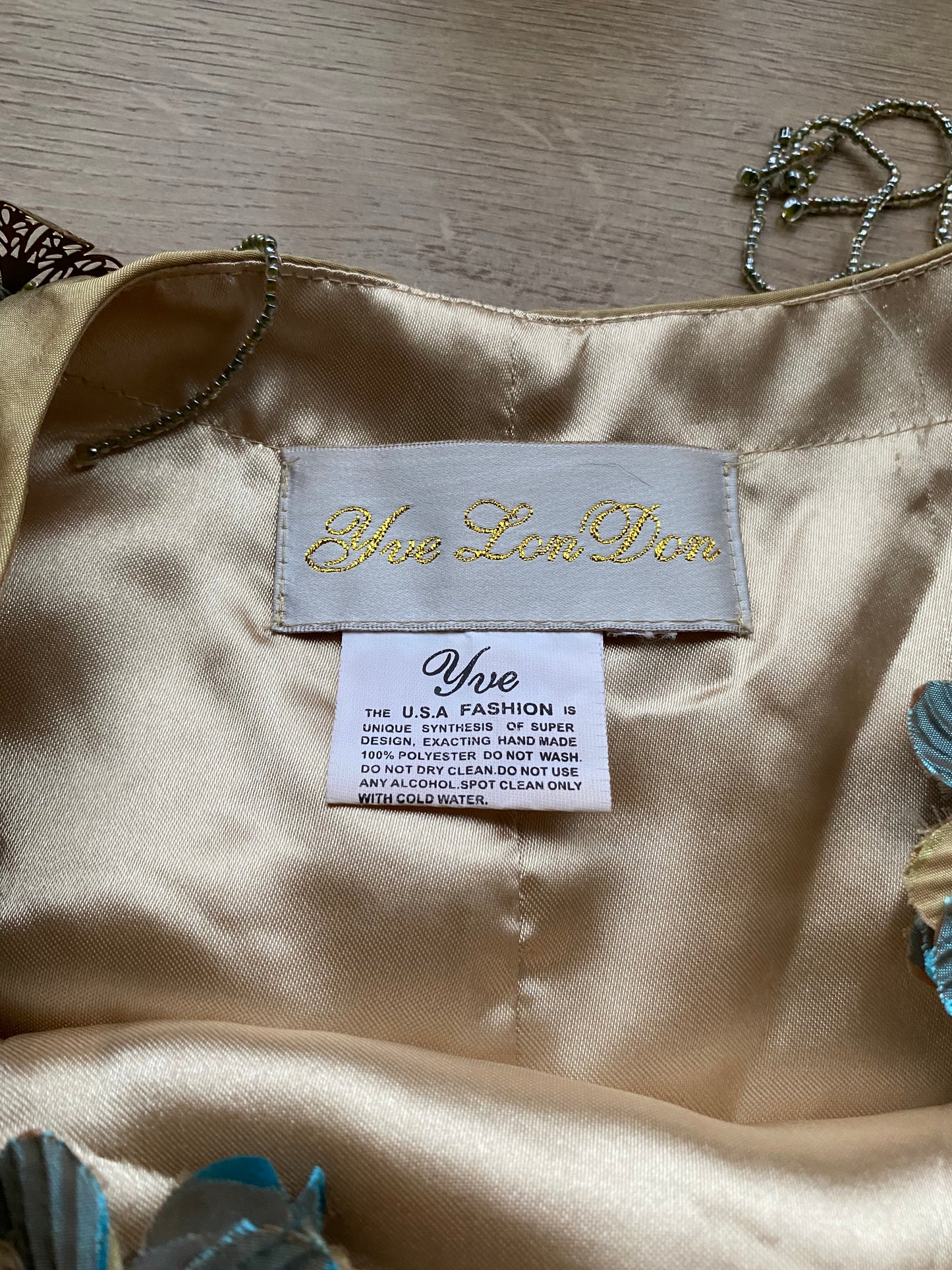 Golden tan 2 piece floral evening set UK 12