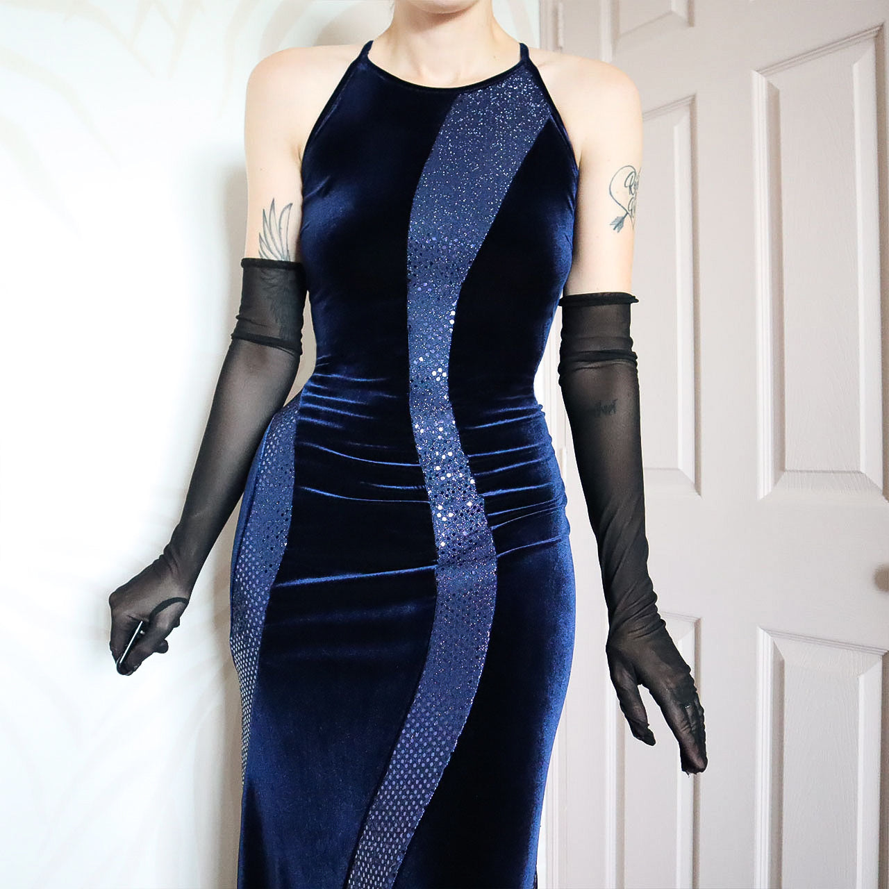 Blue Velvet Sequin Stretch Evening Gown UK 12