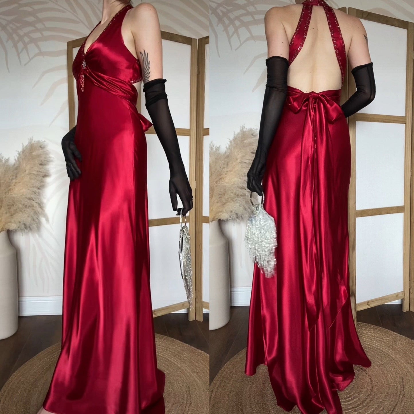 Niki Livas red satin beaded evening gown uk 10