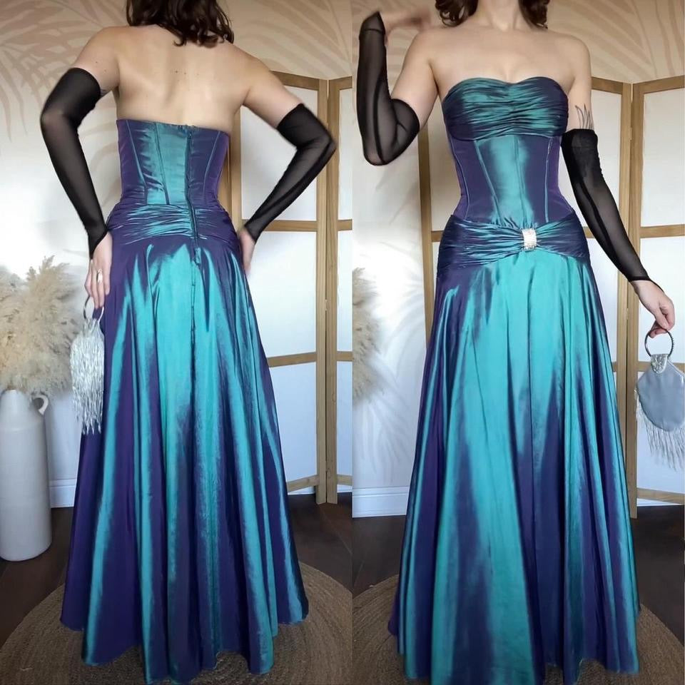 Blue iridescent strapless corset style prom dress uk 10
