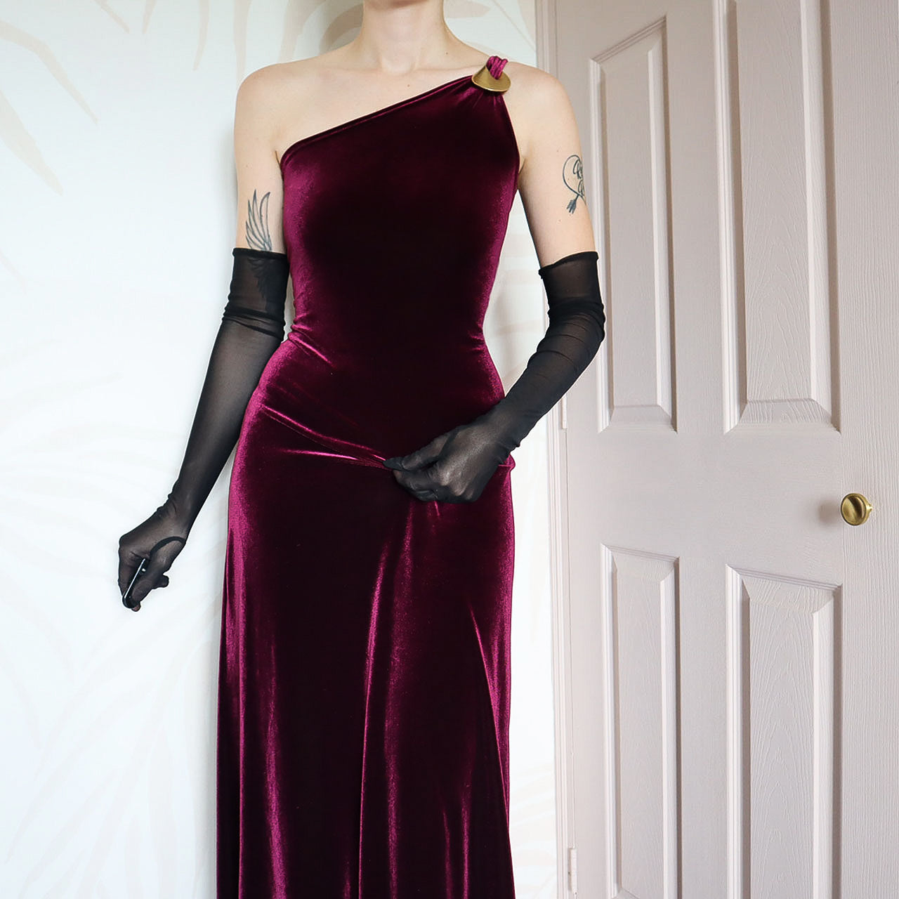 Gina Bacconi purple velvet one shoulder dress UK 14