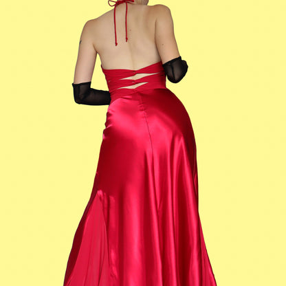 Red satin halter neck evening dress UK 12
