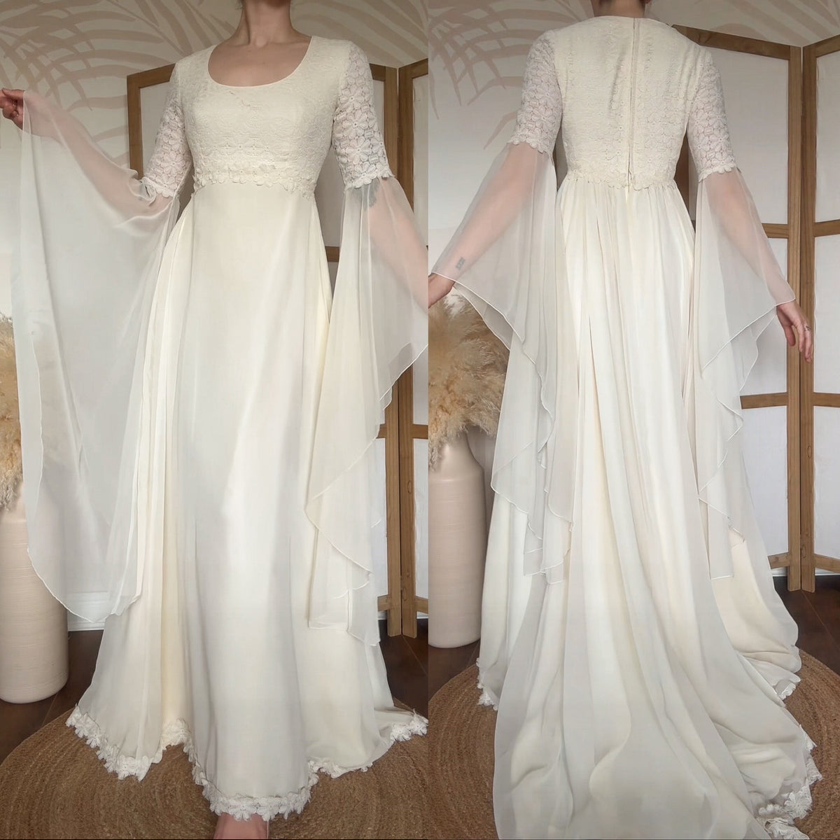 70s long sleeve floral lace wedding dress uk 8-10