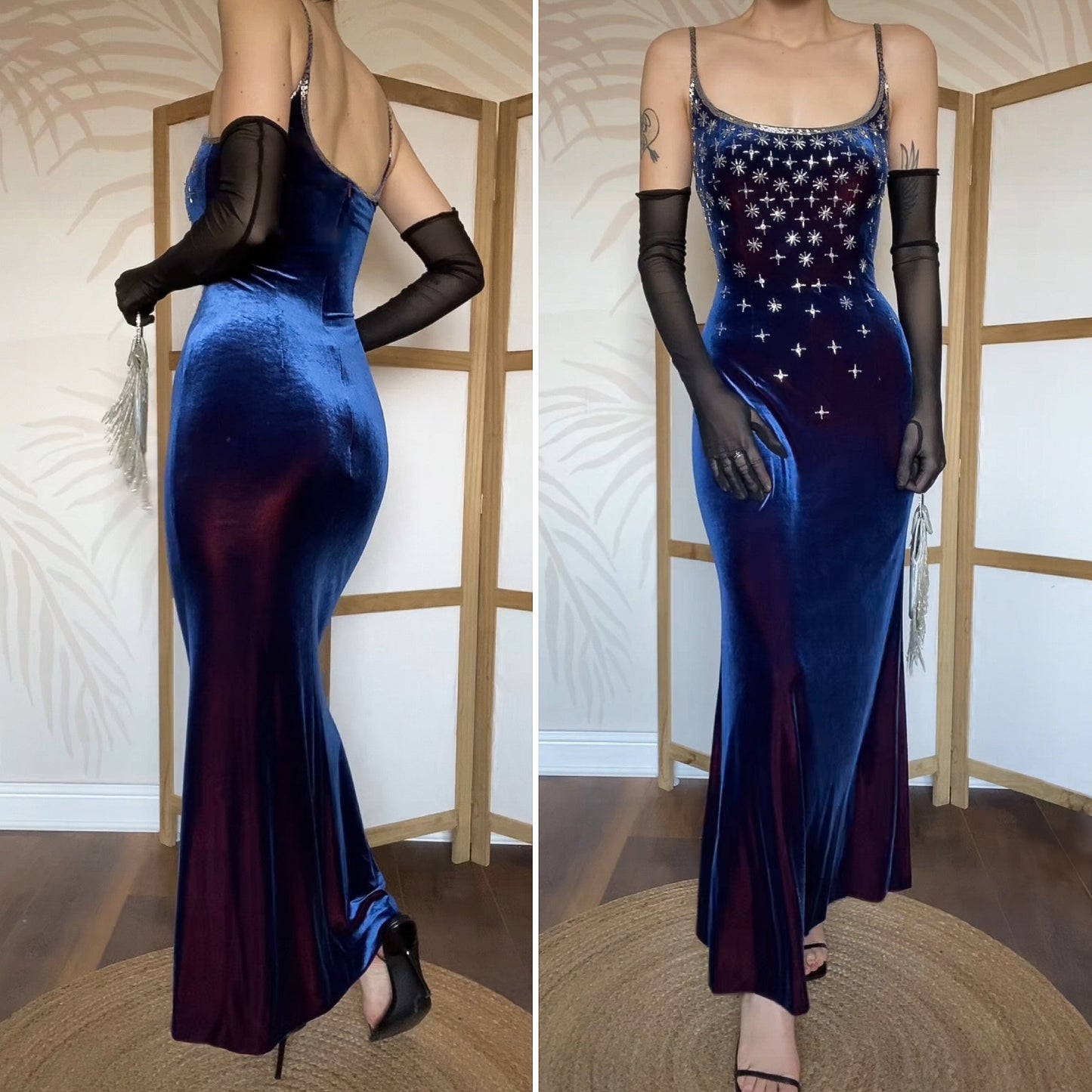Frank Usher blue velvet stretch beaded evening dress UK 12
