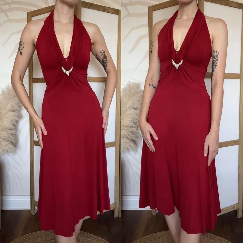Red stretch halter neck midi dress uk 12