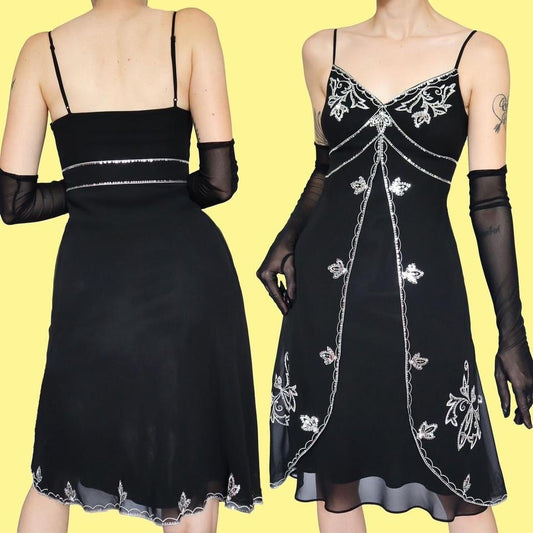 Black chiffon embroidered midi dress UK 10-12