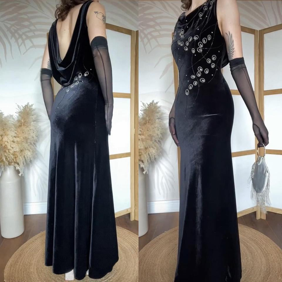 Black Christine Elizabeth velvet beaded evening dress uk 8