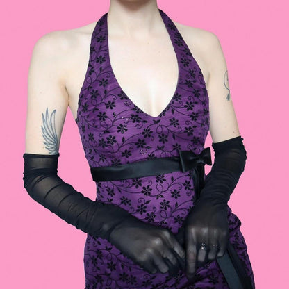 Dark purple floral glittery halter neck dress UK 10