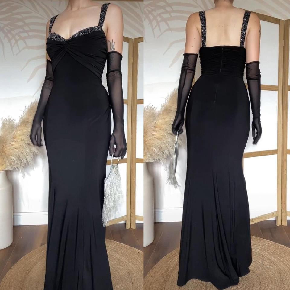 Niki Livas black stretchy beaded evening dress uk 12