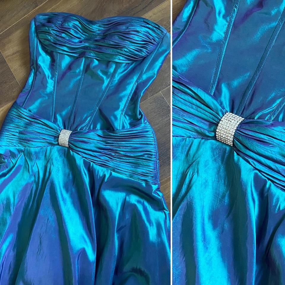 Blue iridescent strapless corset style prom dress uk 10