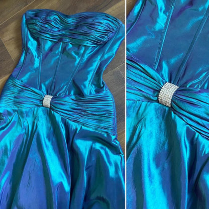 Blue iridescent strapless corset style prom dress uk 10