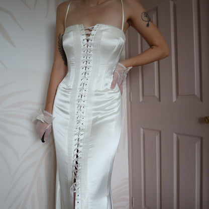 Ellis white corset beaded lace front wedding dress UK 12