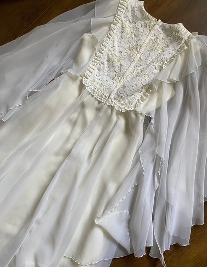 70s petite flared white/cream long sleeve wedding dress uk 8