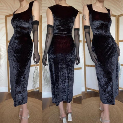 Black velvet stretch 90s crinkle texture slip dress uk 8-10