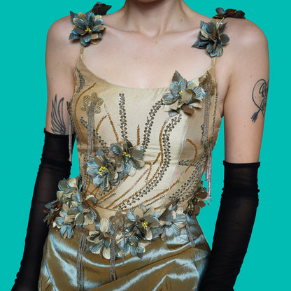 Golden tan 2 piece floral evening set UK 12