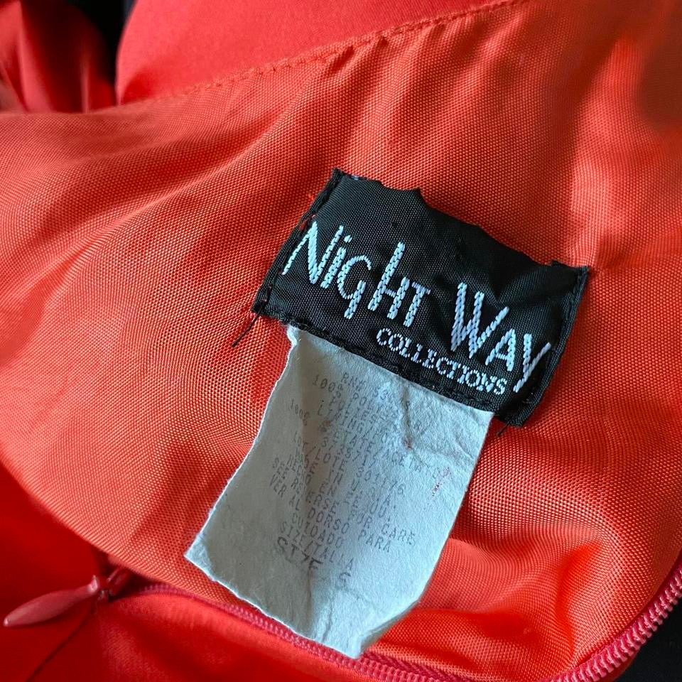 Orangey red satin evening gown UK 10