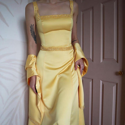 Hilary Morgan yellow a-line dress & shawl UK 16-18