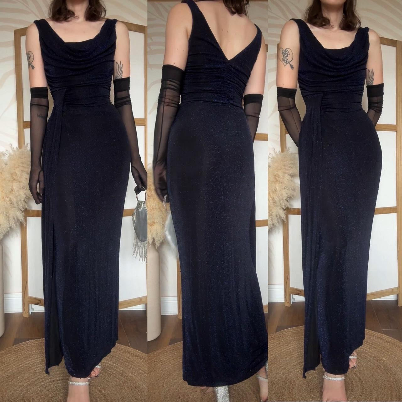 Black & blue metallic stretch evening dress uk 10