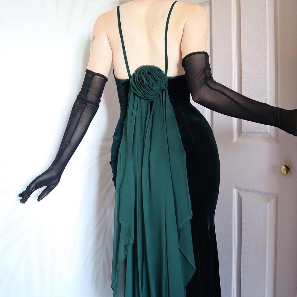 Dark Green Vintage Dave & Johnny Velvet Evening Gown UK 8