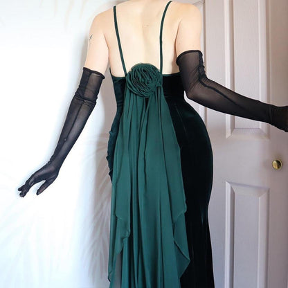 Dark Green Vintage Dave & Johnny Velvet Evening Gown UK 8