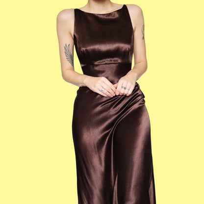 Silky brown low back evening dress UK 14