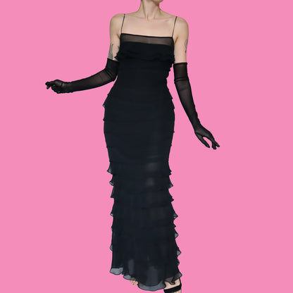 Vintage John Charles black layered evening gown UK 10