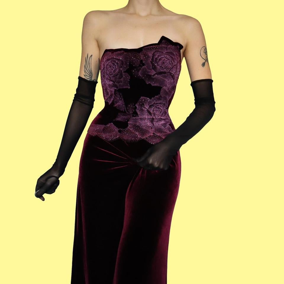 Tadashi burgundy velvet strapless gown UK 12-14