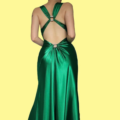 Green Nightway Satin Diamanté Evening Prom Gown UK 12 & 16