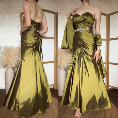 Olive green taffeta strapless prom dress uk 8