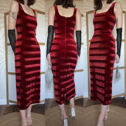 Red velvet stretch textured Bodycon midi dress uk 12